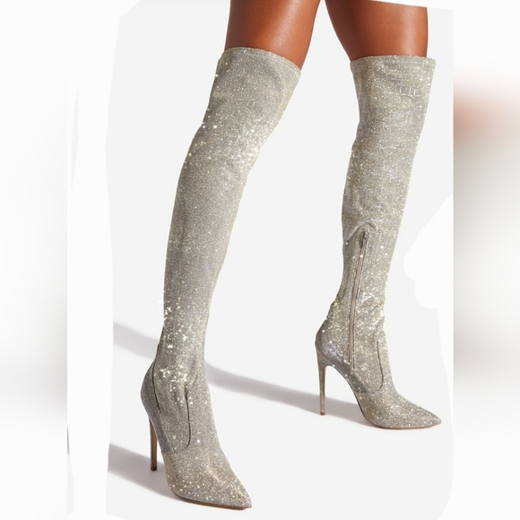New! Silver gold sparkle boots stiletto heels thigh high stretchy size 8 wide - Picture 2 of 16
